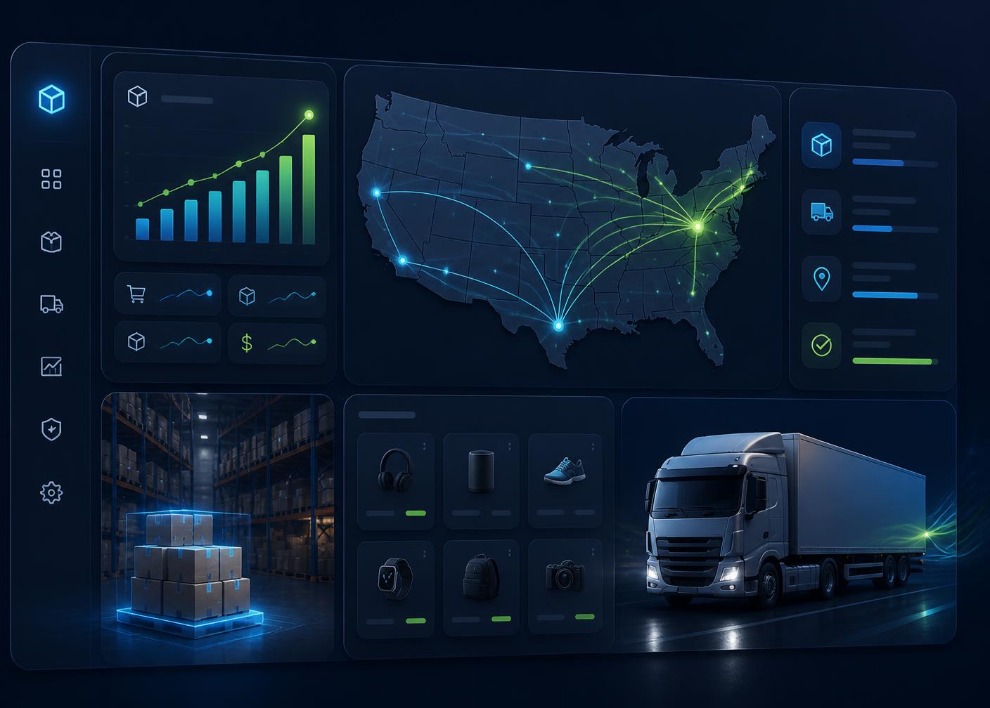 Dropar Pack BD warehouse dashboard showing US shipping routes, live order analytics, and same-day fulfillment